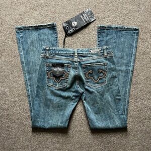 NWT Y2K ReRock for EXPRESS Boot Cut Low Rise Jeans Embroidered Size 4 (31x32.5)